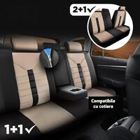 Set Huse Scaune Auto Panda Toronto, tip Alcantara, cu fermoare pentru bancheta rabatabila, bej cu negru, 11 piese