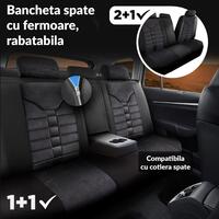 Set Huse Scaune Auto Panda Toronto, tip Alcantara, cu fermoare pentru bancheta rabatabila, negru, 11 piese