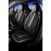 Set 2 Huse Scaune Fata Auto, Ergonomice, Panda, compatibile cu tetiere incorporate- monobloc, tip alcantara si piele ecologica, negru cu cusatura gri