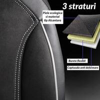 Set 2 Huse Scaune Fata Auto, Ergonomice, Panda, compatibile cu tetiere incorporate- monobloc, tip alcantara si piele ecologica, negru cu cusatura gri