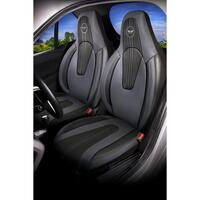 Set 2 Huse Scaune Fata Auto, Panda, compatibile cu tetiere incorporate-monobloc, material textil si piele ecologica, gri petrol-negru