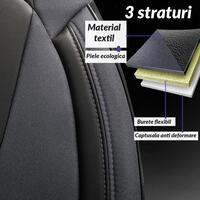 Set 2 Huse Scaune Fata Auto, Panda, compatibile cu tetiere incorporate-monobloc, material textil si piele ecologica, gri petrol-negru