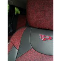 Set Huse Scaune Auto Panda Kas, material textil cu piele ecologica, cu fermoare pentru bancheta rabatabila, visiniu cu negru, 11 piese