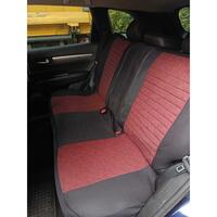 Set Huse Scaune Auto Panda Kas, material textil cu piele ecologica, cu fermoare pentru bancheta rabatabila, visiniu cu negru, 11 piese