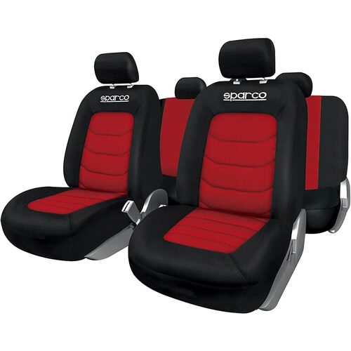 Set Huse Scaune Auto pentru Dacia Logan - Sparco Ergo Sport, negru - rosu, 9 bucati
