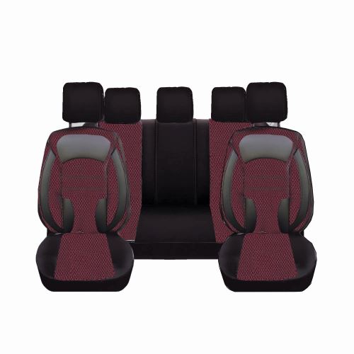 Set Huse Scaune Auto DeluxeBoss, stofa cu piele ecologica, pt bancheta rabatabila fractionata,  negru cu rosu, 11 bucati
