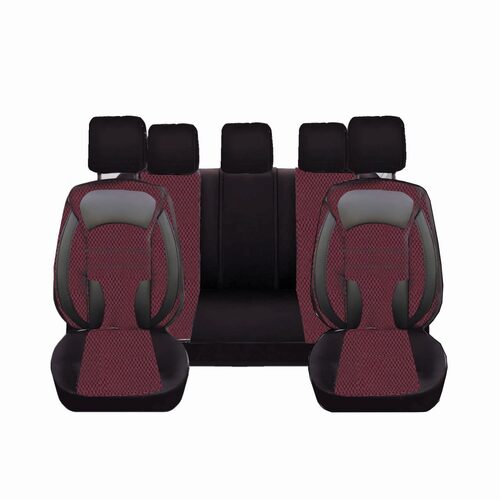 Set Huse Scaune Auto pentru Fiat Punto - DeluxeBoss, stofa cu piele ecologica, pt bancheta rabatabila fractionata, negru cu rosu, 11 piese