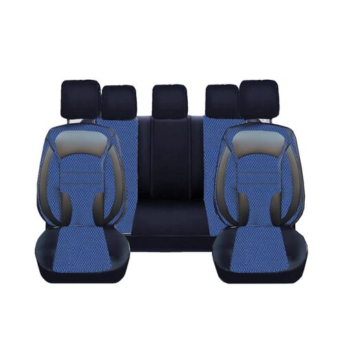 Set Huse Scaune Auto pentru Alfa Romeo Giulietta - DeluxeBoss, stofa cu piele ecologica, pt bancheta rabatabila fractionata, negru cu albastru, 11 piese