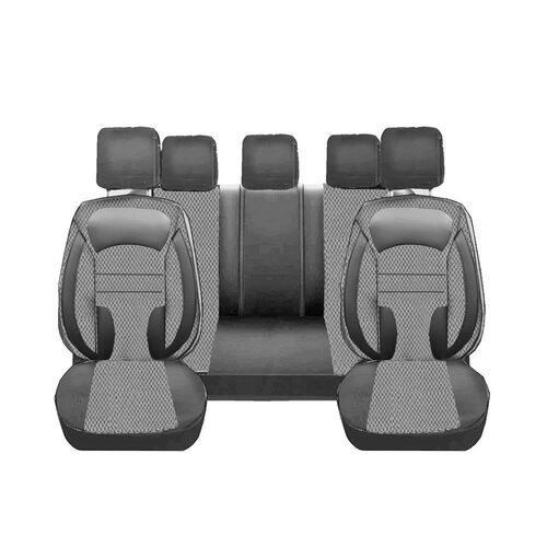 Set Huse Scaune Auto pentru Alfa Romeo Giulietta - DeluxeBoss, stofa cu piele ecologica, pt bancheta rabatabila fractionata, negru cu gri, 11 piese