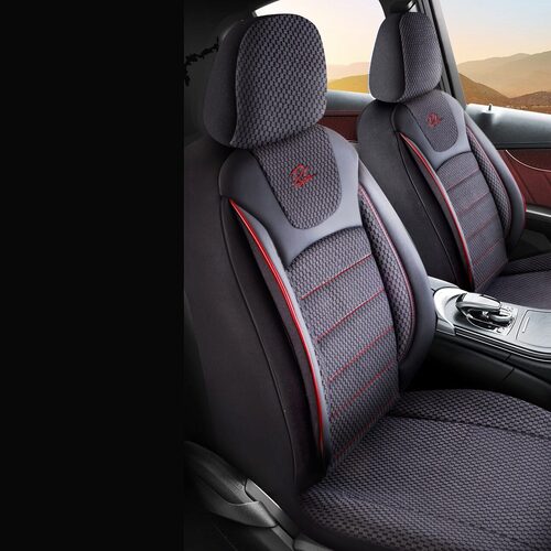 Set Huse Scaune Auto pentru Mazda CX-6 - Panda Prestige, negru cu cusatura rosie, 11 piese