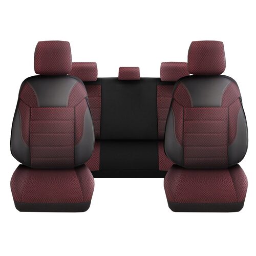 Set Huse Scaune Auto pentru Toyota C-HR - DeluxeBoss Classico, pentru bancheta rabatabila fractionata, 11 piese, negru rosu