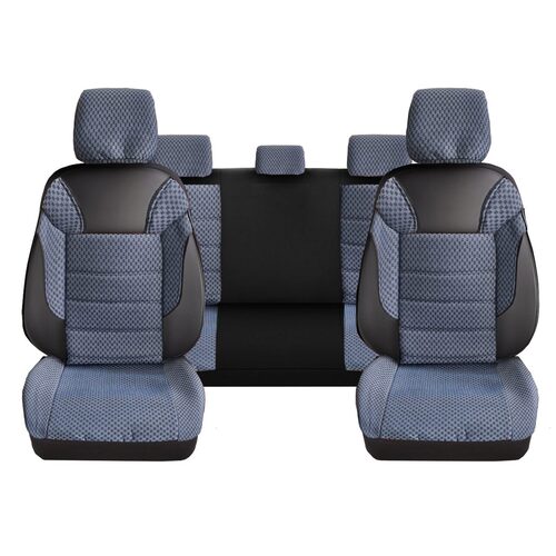 Set Huse Scaune Auto pentru Toyota Land Cruiser - DeluxeBoss Classico, pentru bancheta rabatabila fractionata, 11 piese, albastru-alb