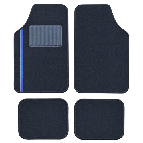 Set Covorase Auto Universale Custo Pol New Bande, Mocheta, negru cu insertie gri si albastru, 4 buc