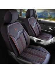 Set Huse Scaune Auto pentru Ford Ka - Panda Londra, cu fermoare pentru bancheta rabatabila, negru cu cusatura rosie, 11 piese