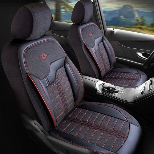 Set Huse Scaune Auto pentru Renault Laguna - Panda Londra, cu fermoare pentru bancheta rabatabila, negru cu cusatura rosie, 11 piese