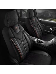 Set Huse Scaune Auto pentru Citroen Berlingo - Panda Toronto, tip Alcantara, cu fermoare pentru bancheta rabatabila, negru cu cusatura rosie, 11 piese