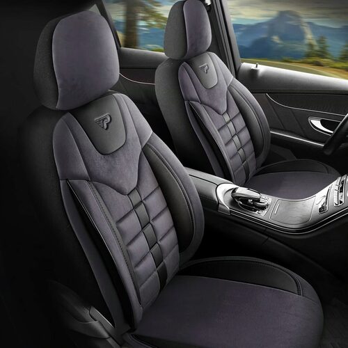 Set Huse Scaune Auto pentru Ford Escort - Panda Toronto, tip Alcantara, cu fermoare pentru bancheta rabatabila, negru gri, 11 piese