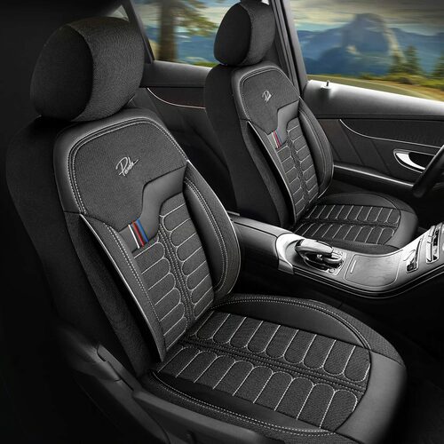 Set Huse Scaune Auto pentru Jeep Compass - Panda Londra, cu fermoare pentru bancheta rabatabila, negru gri, 11 piese