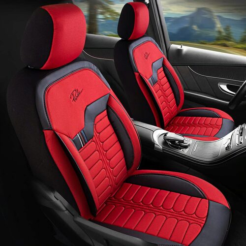 Set Huse Scaune Auto pentru Fiat Linea - Panda Londra, cu fermoare pentru bancheta rabatabila, rosu negru, 11 piese