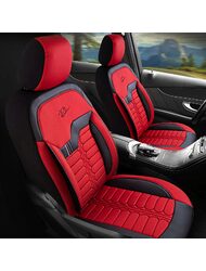 Set Huse Scaune Auto pentru Renault Megane - Panda Londra, cu fermoare pentru bancheta rabatabila, rosu negru, 11 piese