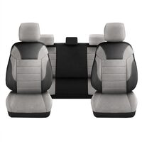 Set Huse Scaune Auto DeluxeBoss, stofa cu piele ecologica, pt bancheta rabatabila fractionata, negru cu bej, 11 bucati