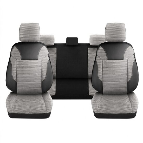 Set Huse Scaune Auto DeluxeBoss, stofa cu piele ecologica, pt bancheta rabatabila fractionata, negru cu bej, 11 bucati