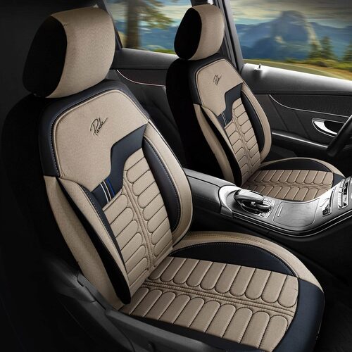 Set Huse Scaune Auto pentru Ford Kuga - Panda Londra, cu fermoare pentru bancheta rabatabila, bej - negru , 11 piese