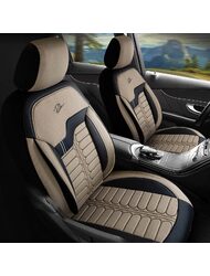 Set Huse Scaune Auto pentru Volkswagen Fox - Panda Londra, cu fermoare pentru bancheta rabatabila, bej - negru , 11 piese