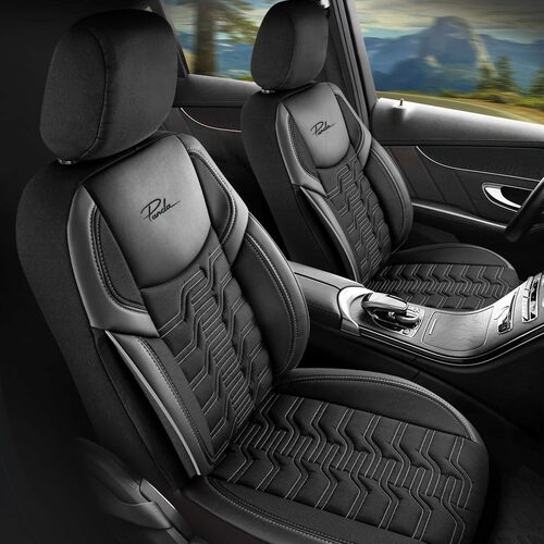 Set Huse Scaune Auto pentru Dacia Solenza - Panda Berlin, negru cu cusatura gri, 11 piese
