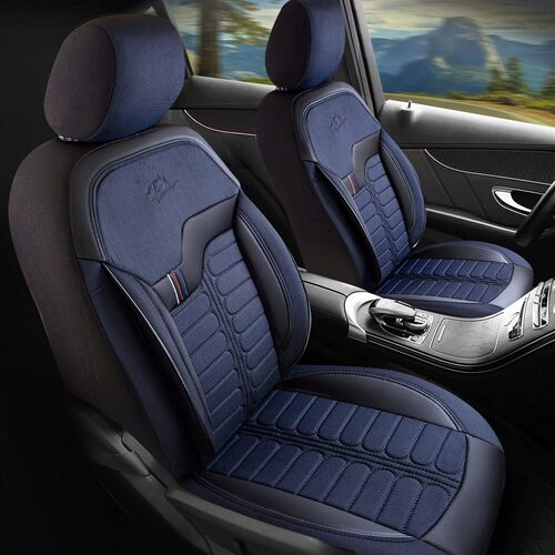 Set Huse Scaune Auto pentru Peugeot 308 - Panda Londra, cu fermoare pentru bancheta rabatabila, albastru - negru , 11 piese