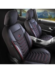 Set Huse Scaune Auto pentru Hyundai Accent - Panda Florida, negru cu cusatura rosie, 11 piese