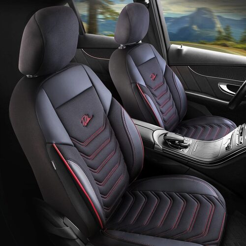 Set Huse Scaune Auto pentru Hyundai Accent - Panda Florida, negru cu cusatura rosie, 11 piese