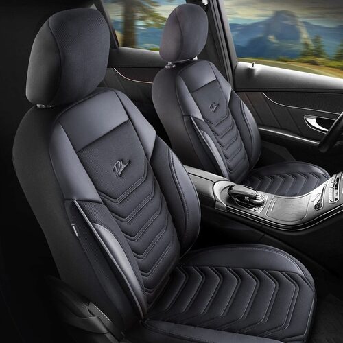 Set Huse Scaune Auto pentru Mazda Cx-9 - Panda Florida, cu fermoare pentru bancheta rabatabila, negru gri, 11 piese