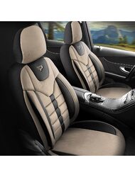 Set Huse Scaune Auto pentru Mitsubishi Star - Panda Toronto, tip Alcantara, cu fermoare pentru bancheta rabatabila, bej cu negru, 11 piese