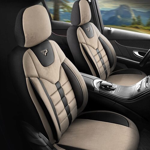 Set Huse Scaune Auto pentru Toyota RAV 4 - Panda Toronto, tip Alcantara, cu fermoare pentru bancheta rabatabila, bej cu negru, 11 piese