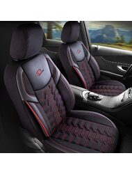 Set Huse Scaune Auto pentru Volkswagen Polo 9N - Panda Berlin, negru cu cusatura rosie, 11 piese