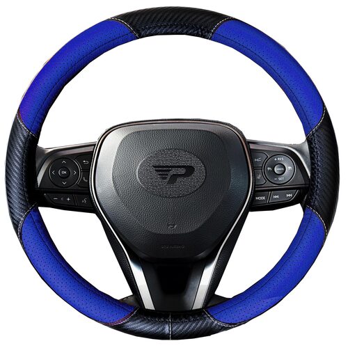 Husa volan Panda, tip fibra carbon negru cu insertii piele ecologica perforata albastra, 38 cm
