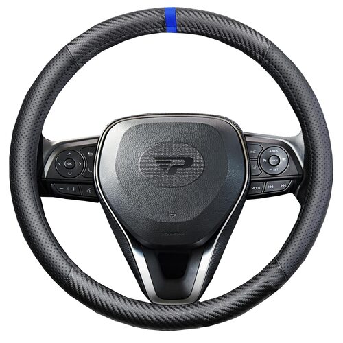 Husa volan Panda, tip fibra carbon, cu insertii piele ecologica perforata, negru cu detaliu albastru, 38 cm