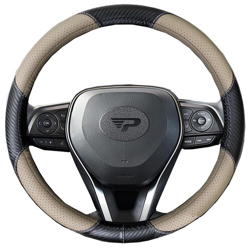 Husa volan Panda, tip fibra carbon negru cu insertii piele ecologica perforata bej, 38 cm