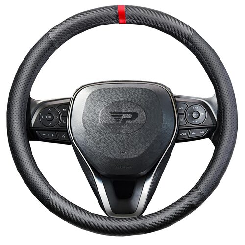 Husa volan Panda, tip fibra carbon, cu insertii piele ecologica perforata, negru cu detaliu rosu, 38 cm