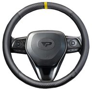 Husa volan Panda, fibra carbon, cu insertii piele ecologica perforata, negru cu detaliu galben, 38 cm