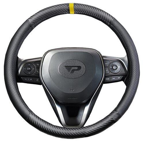 Husa volan Panda, fibra carbon, cu insertii piele ecologica perforata, negru cu detaliu galben, 38 cm