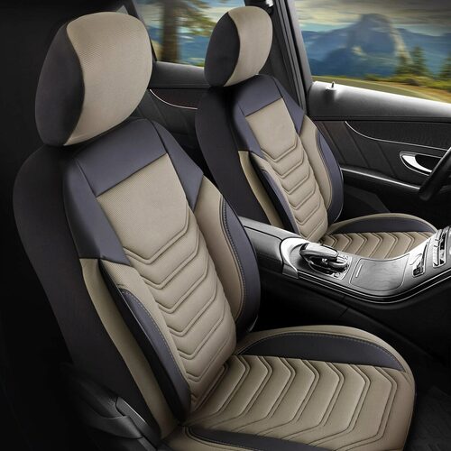 Set Huse Scaune Auto pentru Volvo XC40 - Panda Florida, cu fermoare pentru bancheta rabatabila, bej negru, 11 piese