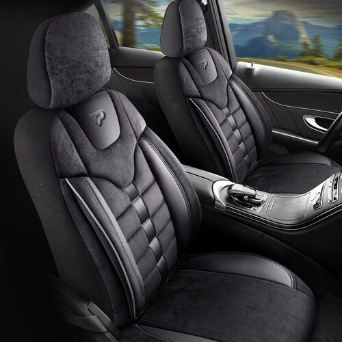 Set Huse Scaune Auto pentru BMW X3 - Panda Toronto, tip Alcantara, cu fermoare pentru bancheta rabatabila, negru, 11 piese