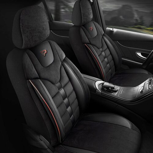 Set Huse Scaune Auto pentru Volkswagen Jetta - Panda Toronto, tip Alcantara, cu fermoare pentru bancheta rabatabila, negru cu cusatura rosie, 11 piese