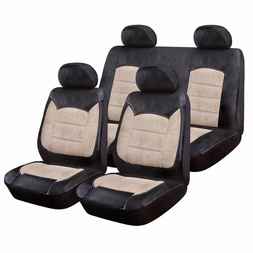 Set Huse Scaune Auto pentru Daihatsu Feroza - Luxury Negru Crem, cu fermoare pentru bancheta rabatabila, 9 piese