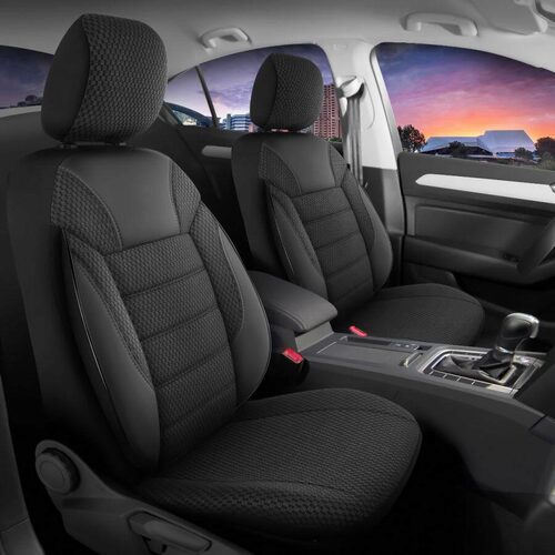 Set Huse Scaune Auto pentru Volkswagen T-Roc - DeluxeBoss Classico, pentru bancheta rabatabila fractionata, 11 piese, negru gri
