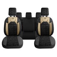 Set Huse Scaune Auto Panda Kas, material textil cu piele ecologica, cu fermoare pentru bancheta rabatabila, negru cu bej, 11 piese