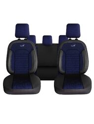Set Huse Scaune Auto Panda Kas, material textil cu piele ecologica, cu fermoare pentru bancheta rabatabila, albastru cu negru, 11 piese