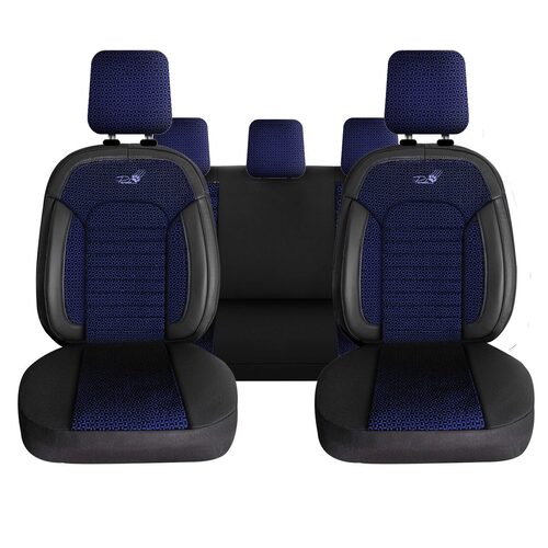 Set Huse Scaune Auto Panda Kas, material textil cu piele ecologica, cu fermoare pentru bancheta rabatabila, albastru cu negru, 11 piese